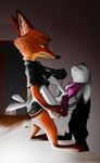  2017 against_wall anthro bottomless butt butt_grab canine carrying clothed clothing disney duo eyes_closed female flat_chested fox green_eyes half-closed_eyes hand_on_butt inside judy_hopps lagomorph male mammal nick_wilde open_shirt rabbit sex stand_and_carry_position standing thewyvernsweaver torn_clothing zootopia 