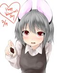  absurdres animal_ears bangs black_vest blush brown_eyes commentary_request dated giving grey_hair hair_between_eyes happy_valentine highres incoming_food long_sleeves looking_at_viewer mouse_ears nazrin netamaru parted_lips short_hair solo touhou upper_body valentine vest 