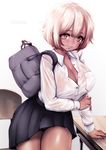  bag blonde_hair breasts brown_eyes cleavage dark_skin desk ganguro large_breasts looking_at_viewer miniskirt mole mole_under_mouth original panties pantyshot shoulder_bag skirt solo souryu thick_thighs thighs underwear 