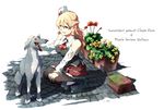  animal ascot bare_shoulders blonde_hair braid brown_eyes brown_legwear dog flower flower_pot french_braid full_body hat italian kantai_collection long_hair mini_hat miniskirt open_mouth pantyhose petting red_skirt skirt solo squatting takatsuki_nato translated wavy_hair zara_(kantai_collection) 