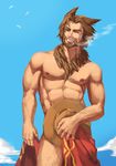  1boy abs animal_eats body_hair cigar hat mccree_(overwatch) muscle outdoors overwatch pecs public smile smoking solo undressing 