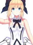  artoria_pendragon_(all) bare_arms bare_shoulders black_ribbon blonde_hair bow breasts crying crying_with_eyes_open detached_collar fate/grand_order fate_(series) hair_bow highres medium_breasts ribbon saber saber_lily short_hair smile solo tears unscpro white_background 