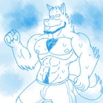  abs anthro biceps canine clothing facial_hair father fur lucas(urbanmonster) male mammal muscular nipples parent pecs simple_background smile solo urbanmonster wolf 