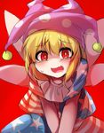  american_flag_dress american_flag_legwear bangs blonde_hair blush clownpiece fairy_wings fun_bo hat jester_cap looking_at_viewer neck_ruff open_mouth pantyhose polka_dot red_background red_eyes short_sleeves simple_background sketch solo star star_print touhou v_arms wings 