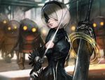  black_dress black_gloves black_hairband black_legwear blindfold breasts chain cleavage cleavage_cutout closed_mouth covered_eyes dress gloves greatsword hair_over_one_eye hairband holding holding_sword holding_weapon huge_weapon juliet_sleeves katana lips long_sleeves machine_(nier) medium_breasts nier_(series) nier_automata pink_lips puffy_sleeves robot short_hair silver_hair solo sword timothy_kong turtleneck unsheathed upper_body vambraces weapon weapon_on_back yorha_no._2_type_b 