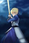  ahoge armor armored_dress artoria_pendragon_(all) blonde_hair blue_ribbon eyebrows_visible_through_hair fate/stay_night fate_(series) green_eyes hair_ribbon highres holding holding_sword holding_weapon looking_at_viewer moon night outdoors ribbon saber short_hair solo standing sword weapon wish_white 
