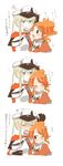  2girls =_= aquila_(kantai_collection) black_eyes black_gloves blonde_hair blue_eyes blush closed_eyes comic commentary_request gloves graf_zeppelin_(kantai_collection) hat high_ponytail highres kantai_collection multiple_girls o3o one_eye_closed orange_hair peaked_cap rebecca_(keinelove) remodel_(kantai_collection) sidelocks sweat translated twintails upper_body yuri 