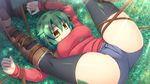  bdsm bondage boots bound breasts commentary_request denim denim_shorts entangled green_hair highres hikage_(senran_kagura) large_breasts looking_at_viewer open_fly puroteinhime ribbed_sweater senran_kagura short_hair short_shorts shorts slit_pupils solo sweater tattoo thighhighs unzipped yellow_eyes 