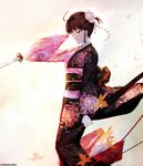  ahoge artist_name dyolf floral_background glint hair_ornament highres holding holding_sword holding_weapon japanese_clothes kara_no_kyoukai katana kimono looking_at_viewer multicolored multicolored_clothes multicolored_kimono ryougi_shiki sash solo sword unsheathed weapon 