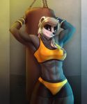  2017 abs anthro armpits badger black_nose blonde_hair breasts clothed clothing eyebrows eyelashes female hair looking_at_viewer mammal midriff mustelid mykegreywolf navel purple_eyes smile solo standing wide_hips 