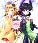  apron aqua_eyes black_hair brown_hair detached_sleeves gloves green_apron happy_birthday headphones heart hiiragi_natsume kohinata_miku multiple_girls orange_apron senki_zesshou_symphogear short_hair smile tachibana_hibiki_(symphogear) twitter_username yellow_eyes 