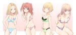  &gt;:) 4girls :o absurdres blonde_hair blue_bra blue_panties blush bra breasts cleavage collarbone cowboy_shot forehead gradient gradient_background green_bra green_panties hand_on_own_stomach highres hikaru_(ofuton_at5) holding holding_hair katou_asuka lace lace-trimmed_bra lace-trimmed_panties long_hair medium_breasts medium_hair multiple_girls navel nemoto_hina okada_akane panties pink_background pink_bra pink_panties purple_bra purple_panties red_hair short_hair side-tie_panties sweatdrop thick_eyebrows two_side_up uchi_emiri underwear underwear_only untied untied_panties v-shaped_eyebrows watashi_ga_motenai_no_wa_dou_kangaetemo_omaera_ga_warui! 