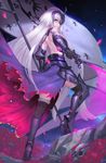  armor armored_boots backless_outfit bare_back bare_shoulders black_footwear black_gloves black_legwear boots cowter duan_henglong fate/grand_order fate_(series) flower full_body fur_trim gloves high_heel_boots high_heels highres jeanne_d'arc_(alter)_(fate) jeanne_d'arc_(fate)_(all) long_hair looking_at_viewer looking_back parted_lips petals rose shoulder_blades skull smile solo standard_bearer sword thighhighs very_long_hair weapon white_hair wind yellow_eyes 