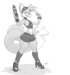  2016 anthro armpits boots bulge canine clothing cosplay eyewear footwear fox fur girly goggles gun hi_res male mammal metroid midriff miles_prower monochrome navel nintendo ranged_weapon samus_aran signature simple_background smile snao solo sonic_(series) thick_thighs video_games weapon white_fur wide_hips 
