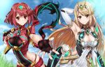 2girls absurdres armpits arms_up bare_shoulders blonde_hair breasts brown_eyes cleavage elbow_gloves fingerless_gloves gloves gluteal_fold highres hikari_(xenoblade_2) homura_(xenoblade_2) looking_at_viewer multiple_girls nez-kun nintendo outstretched_hand reaching_out red_eyes red_hair short_hair short_shorts shorts smile thigh_strap thighhighs tiara xenoblade_(series) xenoblade_2 