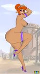  anthro beauty_mark blush bovine breasts butt cattle clothing curves ear_piercing female footwear happy high_heels invalid_color ipan lily_bovine looking_at_viewer mammal mostly_nude nipples piercing pose raised_leg shoes side_boob wild_west_c.o.w.-boys_of_moo_mesa 