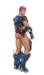  1boy ass blush full_body genderswap looking_at_viewer male_focus muscle overwatch pink_hair solo torn_clothes undressing zarya_(overwatch) 