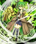  absurdres blush collarbone dragon duel_monster green_eyes green_hair hair_ornament highres jacket long_hair looking_at_viewer open_mouth petit_dragon ponytail ribbon skirt smile solo staff tahira_ureka wynn yuu-gi-ou 