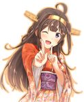 ;d ahoge bangs blush brown_hair commentary_request floral_print furisode hair_intakes hairband highres index_finger_raised japanese_clothes kantai_collection kimono koi_dance kongou_(kantai_collection) long_hair obi one_eye_closed open_mouth outline purple_hair red_kimono sash sidelocks smile solo taka-chan wide_sleeves 