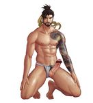  1boy abs beard body_hair cum erection facial_hair full_body hanzo_(overwatch) kneeling looking_at_viewer male_focus muscle nipples nude overwatch pecs penis solo tattoo testicles 