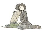  1girl bad_end boots cassian_andor colored_pencil_(medium) fingerless_gloves gloves good_end graphite_(medium) holding_hands hug jyn_erso rogue_one:_a_star_wars_story scan sitting sketch spoilers star_wars traditional_media vest 