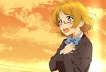  blazer blue_bow blue_neckwear bow bowtie brown_hair clenched_hand commentary_request dusk glasses hands_on_own_chest jacket jyura koizumi_hanayo long_sleeves love_live! love_live!_school_idol_project open_mouth purple_eyes semi-rimless_eyewear short_hair solo striped striped_bow striped_neckwear tears under-rim_eyewear upper_body 