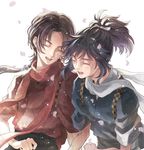  ^_^ black_hair brown_hair closed_eyes earrings japanese_clothes jewelry kashuu_kiyomitsu male_focus mole mole_under_eye mole_under_mouth multiple_boys open_mouth petals ponytail scarf smile suzuneko-rin touken_ranbu yamato-no-kami_yasusada 