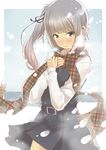  belt brown_eyes brown_scarf buttons day dress hair_ribbon hands_on_own_chest highres kantai_collection kasumi_(kantai_collection) long_hair long_sleeves looking_at_viewer neck_ribbon nukkoru pinafore_dress plaid plaid_scarf remodel_(kantai_collection) ribbon scarf school_uniform shirt side_ponytail silver_hair sleeveless sleeveless_dress snow snowing solo standing white_shirt 