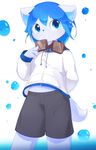  anthro aoino blue_eyes blue_hair canine clothing cub dog eyewear fur goggles hair hoodie looking_at_viewer male mammal navel shorts smile solo standing water white_fur young 