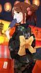  bangs blush brown_eyes brown_hair commentary fan festival hair_ornament highres hoojiro_(found1093) japanese_clothes kimono mask night original outdoors soft_focus solo standing surgical_mask yukata 