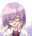  bangs black-framed_eyewear blush closed_eyes collared_shirt commentary_request face facing_viewer fate/grand_order fate_(series) glasses hair_over_one_eye lavender_hair mash_kyrielight necktie normaland open_mouth portrait purple_hair red_neckwear shirt short_hair smile solo 