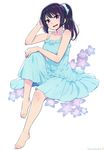  :d absurdres barefoot blue_dress chan_co dress feet flower full_body hibike!_euphonium highres kousaka_reina leg_up long_hair looking_at_viewer open_mouth ponytail purple_eyes purple_hair scan simple_background sitting smile solo sundress white_background 