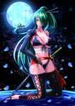  bikini breasts cross-laced_legwear full_body full_moon fuyuki_jun green_eyes green_hair hatsune_miku high_heels highres katana kneeling large_breasts long_hair moon nail_polish night petals ponytail project_diva_(series) project_diva_f_2nd solo swimsuit sword thighhighs very_long_hair vocaloid weapon 