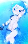  anthro aoino blue_eyes blue_hair blush bulge canine clothed clothing cub dog eyewear fur goggles hair looking_at_viewer lying male mammal navel nipples on_back open_mouth skimpy solo water wet white_fur young zipper 