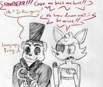  2015 animatronic anthro bear bow_tie canine dialogue duo english_text eye_patch eyewear five_nights_at_freddy&#039;s fox foxy_(fnaf) freddy_(fnaf) hat hook_hand inkyfrog machine male mammal restricted_palette robot simple_background smile text top_hat traditional_media_(artwork) video_games white_background 