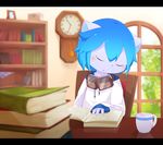  anthro aoino blue_hair book bookshelf canine chair clock clothing coffee_mug cub dog eyes_closed eyewear fur goggles hair hoodie male mammal open_mouth sitting sleeping solo table white_fur window young 