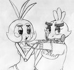  2015 animatronic anthro avian bib bird black_and_white blush chicken duo english_text female five_nights_at_freddy&#039;s five_nights_at_freddy&#039;s_2 food half-closed_eyes inkyfrog looking_at_viewer machine monochrome pizza robot simple_background text toy_chica_(fnaf) traditional_media_(artwork) video_games white_background withered_chica_(fnaf) 