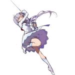  ask_(askzy) blue_eyes boots covered_mouth full_body grey_hair holding holding_sword holding_weapon knee_boots left-handed long_hair myrtenaster no_scar ponytail rapier rwby sketch solo standing standing_on_one_leg sword toe-point weapon weiss_schnee white_background white_footwear 