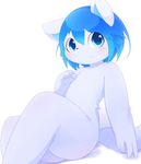  anthro aoino blue_eyes blue_hair blush butt canine cub dog fur hair looking_at_viewer male mammal nipples nude paws sitting solo sweat white_fur young 