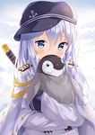 aiguillette bird blue_eyes blush commentary covering_mouth english_commentary epaulettes flat_cap hat hibiki_(kantai_collection) highres hitsukuya hug kantai_collection katana long_hair looking_at_viewer military military_uniform penguin silver_hair solo sword uniform weapon 