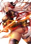  1girl armor ass blonde_hair breasts dark_persona drifters evil_smile fate/grand_order fate_(series) fire highres koha-ace long_hair looking_at_viewer majin_saber mia_(gute-nacht-07) panties sakura_saber simple_background smile solo sword underwear upskirt weapon white_background 