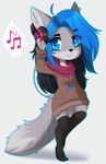  5_fingers aimi anthro blue_eyes blue_hair chibi clothed clothing eyelashes female fur grey_fur hair headphones mammal musical_note simple_background smile solo standing whiskers white_background 