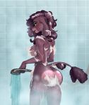  2018 anthro breasts brown_fur brown_hair butt canid canine canis digital_media_(artwork) domestic_dog female fur green_eyes hair katfishcom looking_at_viewer lucie_choquette mammal nude open_mouth poodle shower smile solo water 