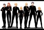  5boys agravain_(fate/grand_order) ahoge alternate_costume artoria_pendragon_(all) bedivere black_hair black_neckwear blonde_hair business_suit fate/apocrypha fate/extra fate/grand_order fate/stay_night fate_(series) formal gawain_(fate/extra) gloves green_eyes grey_gloves hair_over_one_eye knights_of_the_round_table_(fate) lancelot_(fate/grand_order) long_hair looking_at_viewer matching_outfit mordred_(fate) mordred_(fate)_(all) multiple_boys multiple_girls necktie ponytail purple_eyes purple_hair reverse_trap saber suit tristan_(fate/grand_order) 