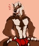  2015 abs anthro biceps biped black_lips black_nose boxers_(clothing) brown_claws brown_fur bulge canine cheek_tuft claws clothed clothing digital_media_(artwork) ear_piercing eyebrow_piercing eyebrows eyes_closed facial_piercing fangs fingerless_(marking) front_view fur grey_fur grey_tail hair hand_on_thigh hi_res jubilations laugh lip_piercing lip_ring lips male mammal muscular muscular_male navel nipples open_mouth pecs piercing pink_background portrait red_bottomwear red_clothing red_underwear simple_background snout solo standing teeth tharis three-quarter_portrait topless tuft underwear white_fur white_hair white_nipples wolf 