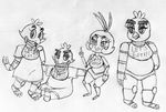  2015 animatronic anthro avian bib bird black_and_white chica_(fnaf) chicken clothing dress english_text female five_nights_at_freddy&#039;s five_nights_at_freddy&#039;s_2 group inkyfrog machine monochrome robot simple_background sitting text toy_chica_(fnaf) traditional_media_(artwork) video_games white_background withered_chica_(fnaf) 