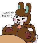  2017 animal_crossing areola big_breasts breasts carmen_(animal_crossing) digital_media_(artwork) english_text female huge_breasts lagomorph male male/female mammal mr.under nintendo nipples open_mouth rabbit sex simple_background smile smug teeth text titfuck tittyfuck video_games white_background 