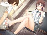  1boy 1girl barefoot belt blue_eyes brown_hair censored chair chalkboard classroom cum cum_on_foot erection feet femdom footjob haruna_ibuki honjou_masato legs_crossed long_hair looking_down love_lab_(game) open_pants pants penis ponytail shirt short_hair sitting skirt smile upskirt 