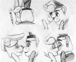  2015 animatronic anthro bear black_and_white blush bonnie_(fnaf) bow_tie duo english_text eskimo_kiss five_nights_at_freddy&#039;s freddy_(fnaf) hat inkyfrog kissing lagomorph machine male male/male mammal monochrome rabbit robot simple_background smile text top_hat traditional_media_(artwork) video_games white_background 