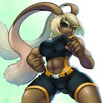  abs anthro big_breasts black_sclera breasts clothed clothing female hair lagomorph lopunny mammal midriff muscular navel nintendo pok&eacute;mon pok&eacute;morph simple_background solo teckworks video_games white_background yellow_eyes 
